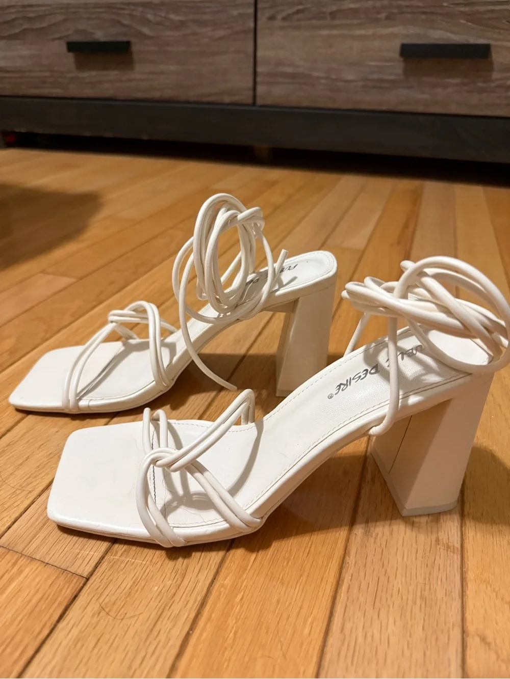 ASOS Cream Strappy Block Heel Sandals with Ankle Tie